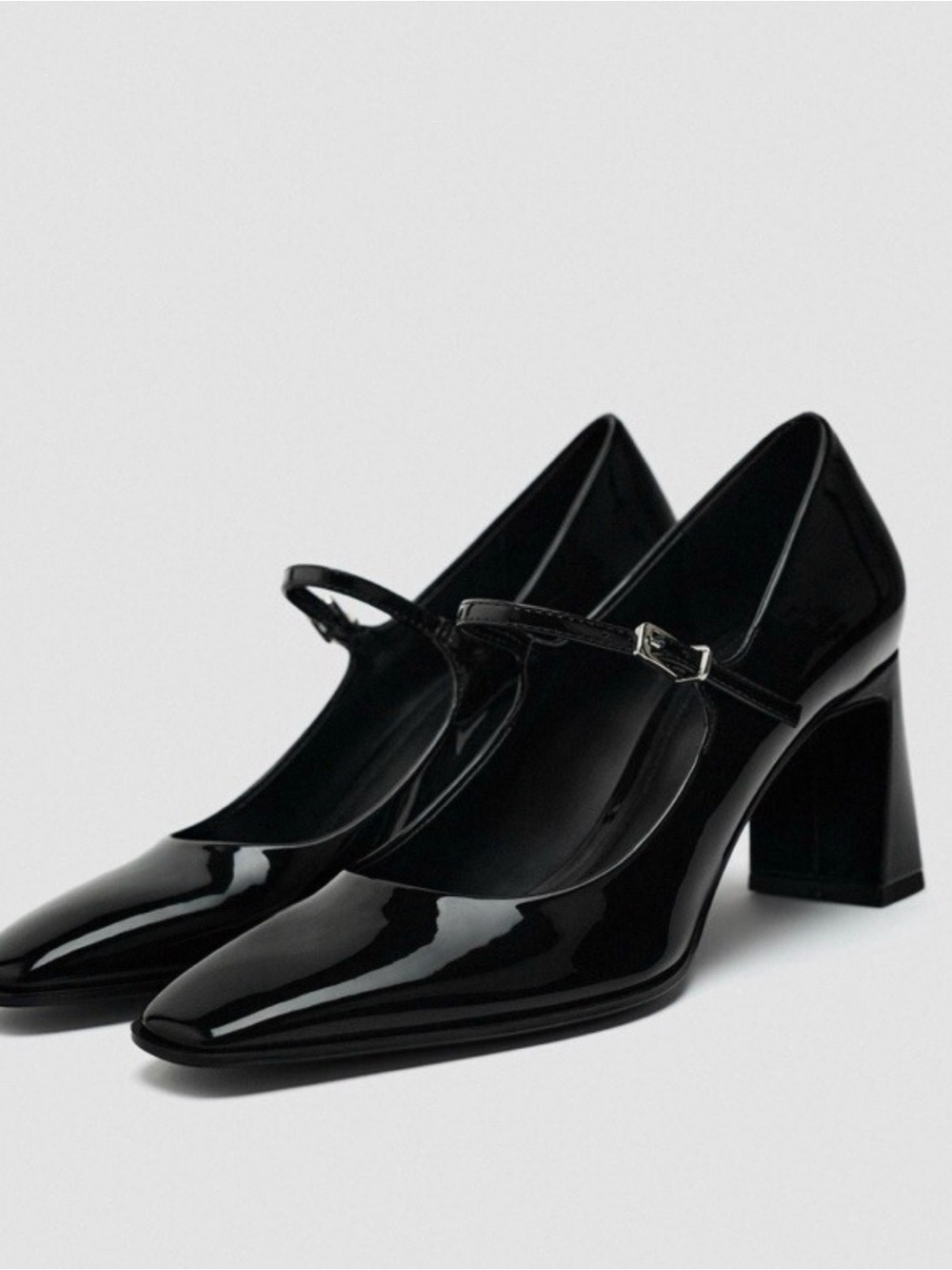 Zara Black Patent Mary Jane Heels with Square Toe